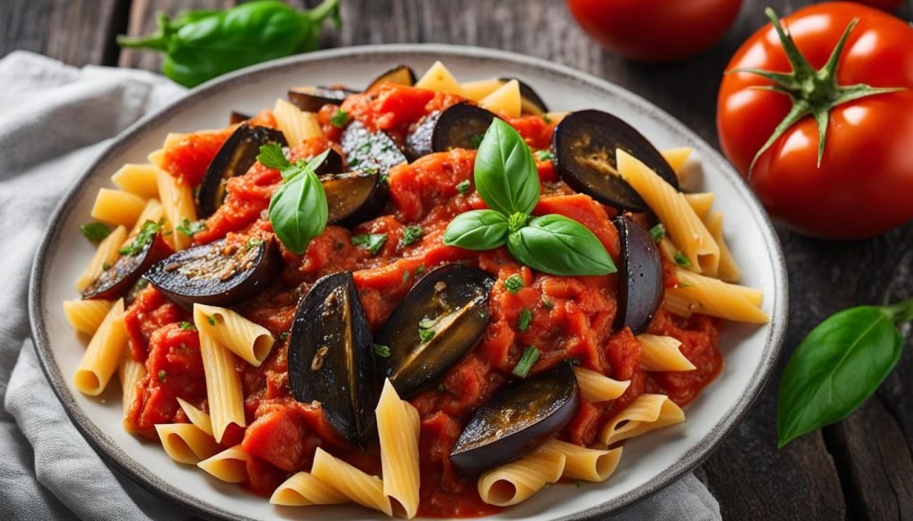 gluten-free tomato pasta with aubergine