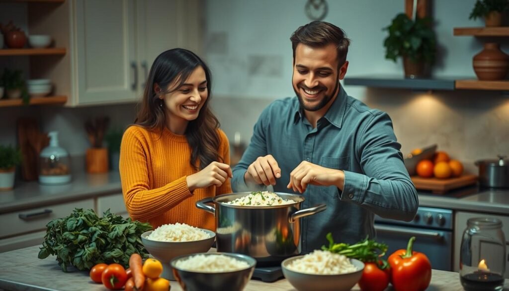 Couple cooking risotto together