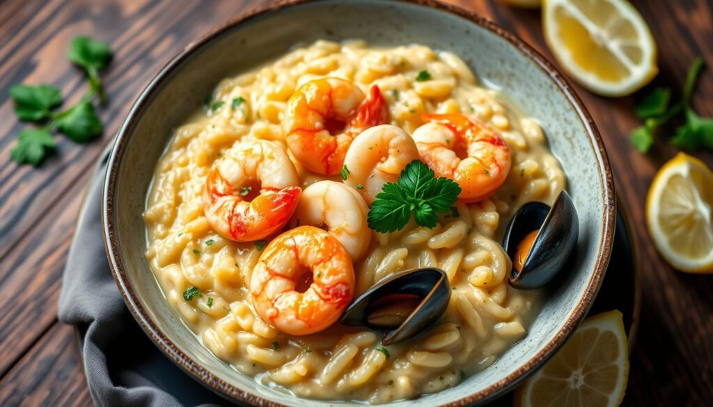 Creamy Seafood Risotto Garnished with Herbs