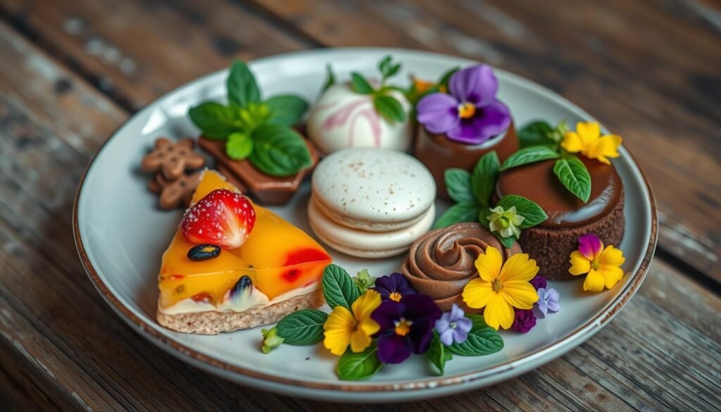 Dessert Presentation showcasing garnishing with herbs and flowers