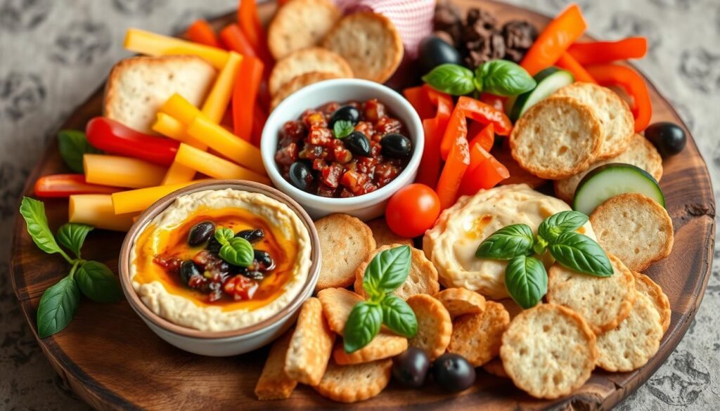 Italian antipasti with olive tapenade and hummus