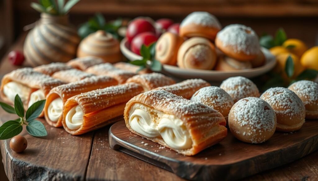 Italian pastries showcasing Cannoli, Sfogliatella, and Zeppole